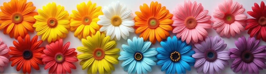 Brightly colored flowers are arranged in a row on a white surface
