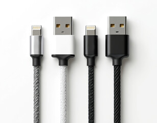 Collection of braided charging cables with USB and lightning connectors. Diverse colors and durable materials offer versatile mobile device power solutions for home and office.