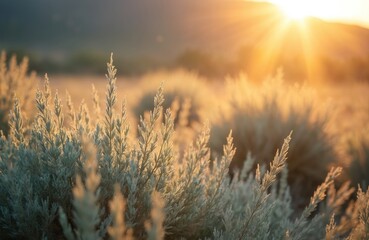 Golden sun rays shine through desert sagebrush at sunset. Soft light creates abstract patterns on green desert plants. Warm glow bathes landscape in natural beauty.
