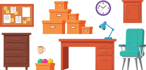 Vector illustration set of office furniture and supplies including a desk chair lamp bookshelf drawers bulletin board wall clock and storage boxes. © MdShakil