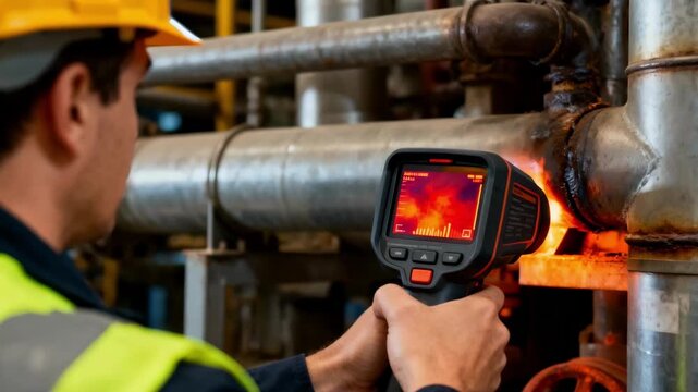 Closeup medium shot of a professional utilizing thermal imaging camera to reveal hidden pipe leaks through heat signatures in an industrial setting