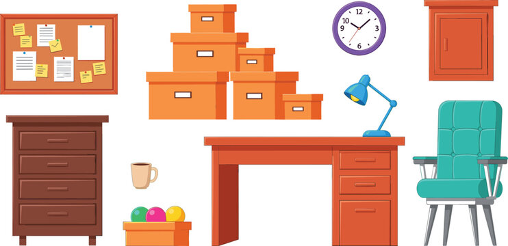 Vector illustration set of office furniture and supplies including a desk chair lamp bookshelf drawers bulletin board wall clock and storage boxes.