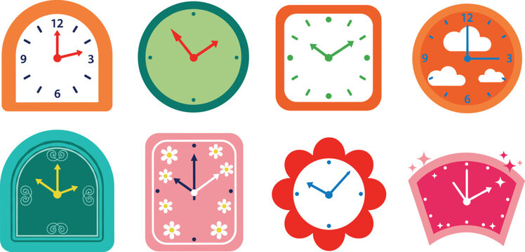 Vector illustration set of colorful decorative clocks for kids featuring flower cloud star and floral patterns in round square and arched shapes.