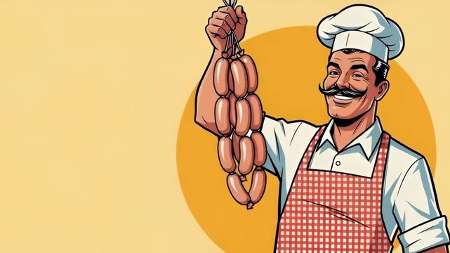 Butcher man holds string of fresh sausage in uniform for butcher shop advertisement or food product promotion