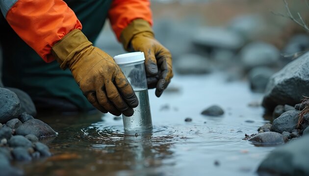 Environmental inspector collects water sample from stream near mine site. Technician analyzes liquid for pollutants. Person checks quality for eco safety. Worker takes sample vial with hands in