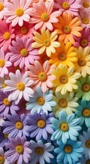 Many different colored flowers arranged together in a rainbow