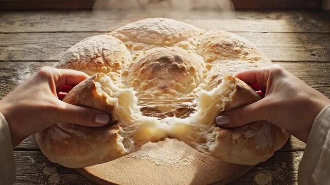 Freshly baked homemade bread breaking apart.
