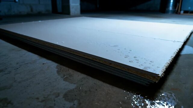 Closeup medium shot of moistureresistant drywall in a basement emphasizing protection against dampness and mold growth in lowlight conditions.