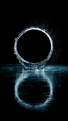 Circular water splash frozen in motion on a black background, forming a dynamic ring that symbolizes purity, energy, and fluid movement in a dramatic minimalist composition