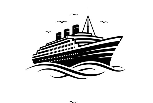 Minimalist black and white silhouette illustration of a cruise ship sailing on ocean waves. For logo design, branding, nautical themes, maritime transport concepts, posters, travel-related graphics.