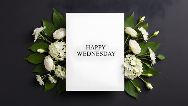 happy wednesday greeting card with flowers on dark background for weekday motivation and lifestyle design