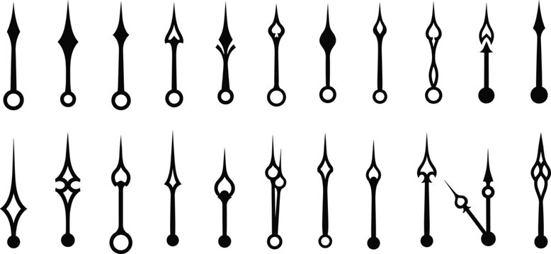 PrintBlack and white vector illustration set featuring a collection of diverse vintage and modern clock hand silhouettes isolated on a white background.