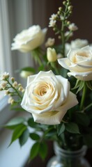 Obraz premium Vase with white roses in it on a window sill