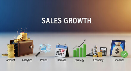Visual presenting wallet, coins, magnifier, graph, calendar, chess, calculator, tablet, money bag. Conceptually represents sale growth and financial strategy