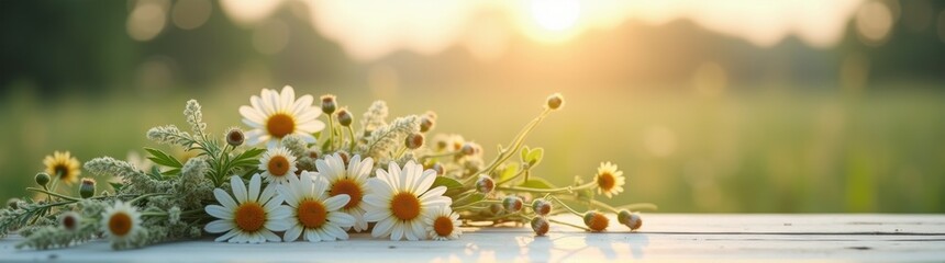 Bouquet of flowers sitting on a table in the sun