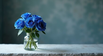Vase with blue roses in it on a table
