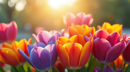 Brightly colored tulips in a field with the sun shining through the trees