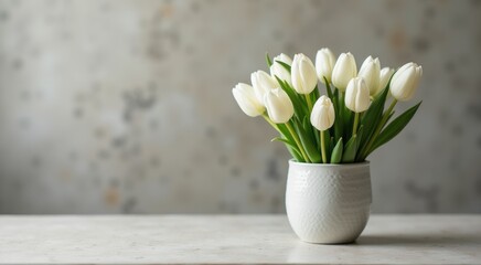 White vase with white flowers in it on a table