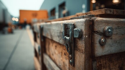 Focused medium shot of wooden crate edges and locking mechanism detailed grain and fastening elements sharp against a blurred industrial loading dock