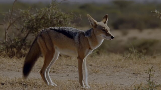 A Black-backed jackal stands alert in the African savanna. The jackal's posture suggests a keen awareness of its surroundings, highlighting its wild nature Stock Video