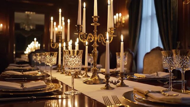 Elegant Dinner Table Setting In Ornate Room With Candlelight Ambiance And Fine Dining Aesthetic