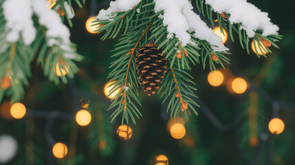 Snowy pinecone on frosty evergreen branch with warm glowing lights
