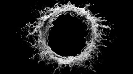 Circular water splash frozen in motion on a black background, forming a dynamic ring that symbolizes purity, energy, and fluid movement in a dramatic minimalist composition