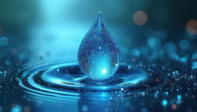 Digital water drop contains circuit board pattern reflecting data streams. Represents AI conservation smart tech for eco monitoring. Advanced system for water resource management. - Powered by Adobe