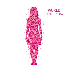 World Cancer Day female silhouette made of pink ribbons, background removal and transparency cut-out