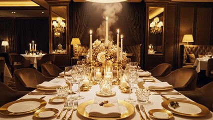 Elegant Dinner Table Setting With Candles And Golden Decor For Special Occasions And Celebrations - Powered by Adobe
