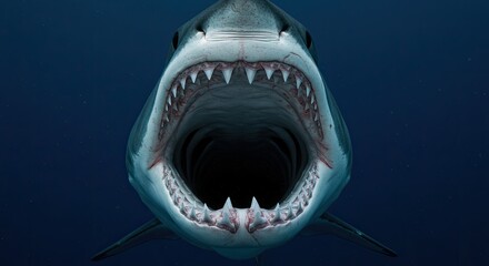Close up of great white shark mouth open underwater showing teeth