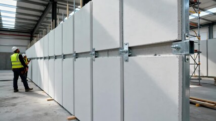 Close view of precision fitting lightweight prefab wall panels during panelized construction in a controlled job site for durability.