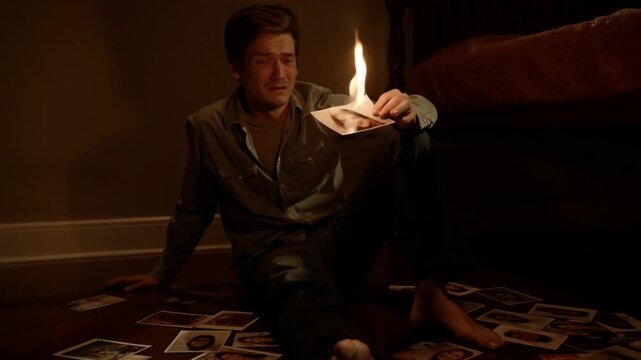 A man burns photograph in the dim light of a room, experiencing a mix of emotions Stock Video