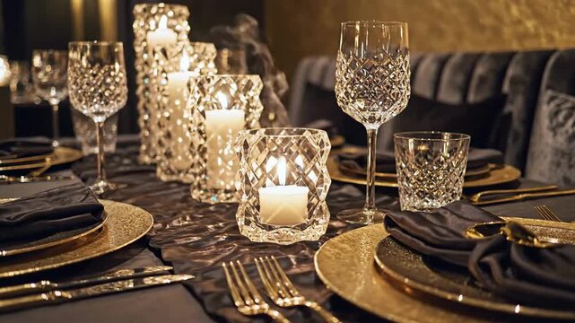 Elegant Dinner Table Setting With Crystal Glassware And Candlelight For A Luxury Event