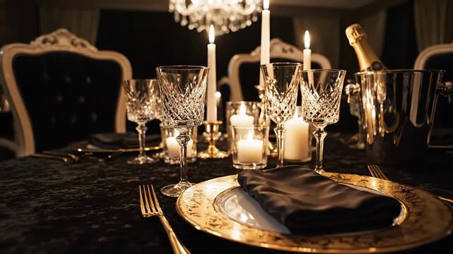 Elegant Dinner Table Setting With Crystal Glassware And Candlelight For Luxury Event