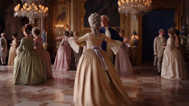 Elegant ballroom dancing scene with people dressed in historical attire and chandeliers enhancing the ambiance Stock Video