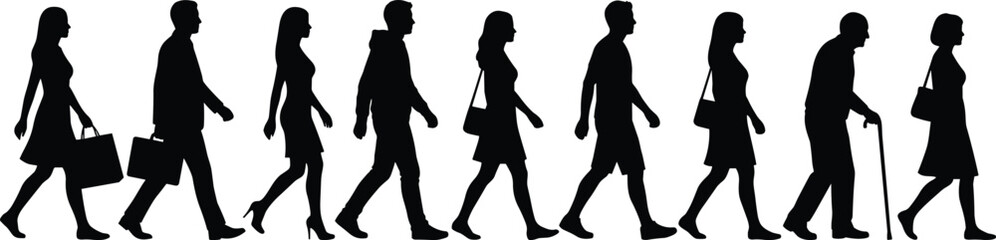 People walking silhouettes showing life journey from youth to old age, representing growth, career, aging, progress, development, lifestyle timeline concept