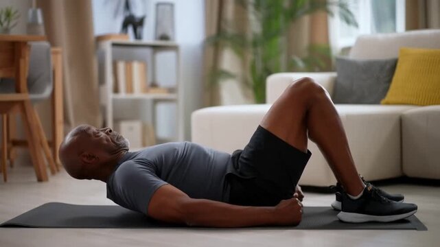 An elderly person performing sit-ups on a mat in their home, demonstrating a commitment to fitness and a healthy lifestyle. This image captures the essence of strength, dedication. Stock Video