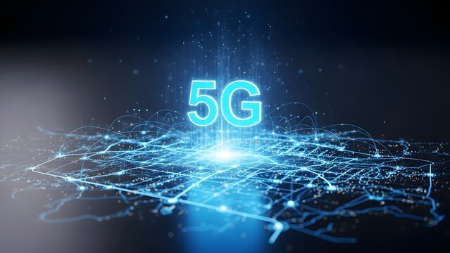 A glowing cyan 5g text sits above a massive abstract network grid and interconnected data lines symbolizing the global mobile internet network fifth generation cellular wireless technology and high sp - Powered by Adobe