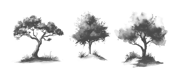 White And Black Nature Hand Drawn Green Tree Collection Isolated on White Background 