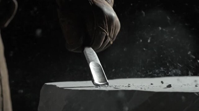Detailed shot of a craftsman's gloved hand powerfully striking a chisel against a rough stone surface, expertly shaping material with precision and focused determination in a dimly lit workshop