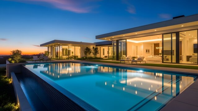 Modern luxury home exterior at dusk featuring illuminated infinity swimming pool with scenic sunset view and contemporary architecture design