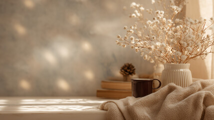 Fototapeta premium cozy autumn home still life, dried flowers warm interior scene, soft sunlight cozy lifestyle background 