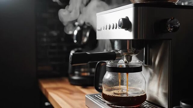 Elegant Espresso Machine Brewing Fresh Coffee With Steaming Aroma In Dark Kitchen Setting