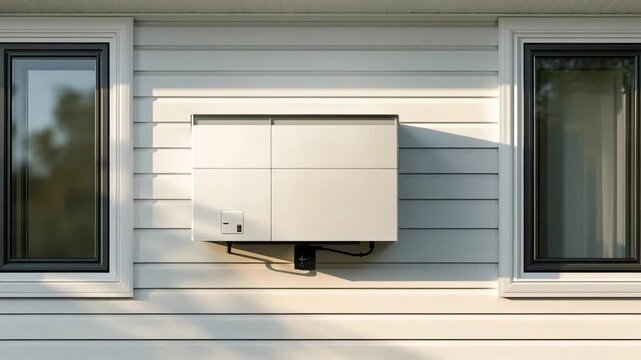 Exterior wall-mounted air conditioning unit installed between two residential windows