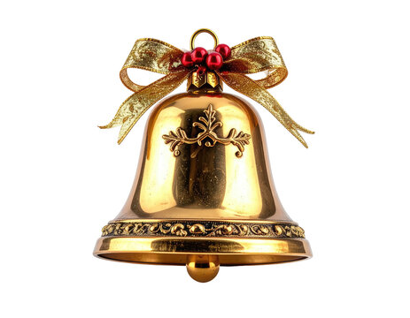 Gilded bell with red berries, gold bow, and intricate flourishes, black bkg