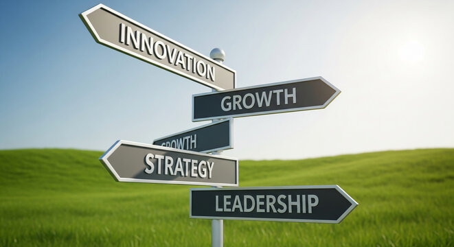 Directional signpost with arrow signs pointing to 'Innovation', 'Growth', 'Strategy' and 'Leadership', representing success and business guidance