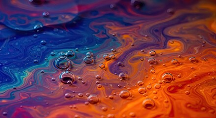 Abstract fluid art with vibrant colors and bubbles macro photography