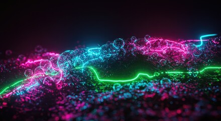 Abstract glowing neon light design with dynamic curves and particles