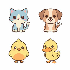 Naklejka premium set of funny animals, cat, dog, duck, chick, 